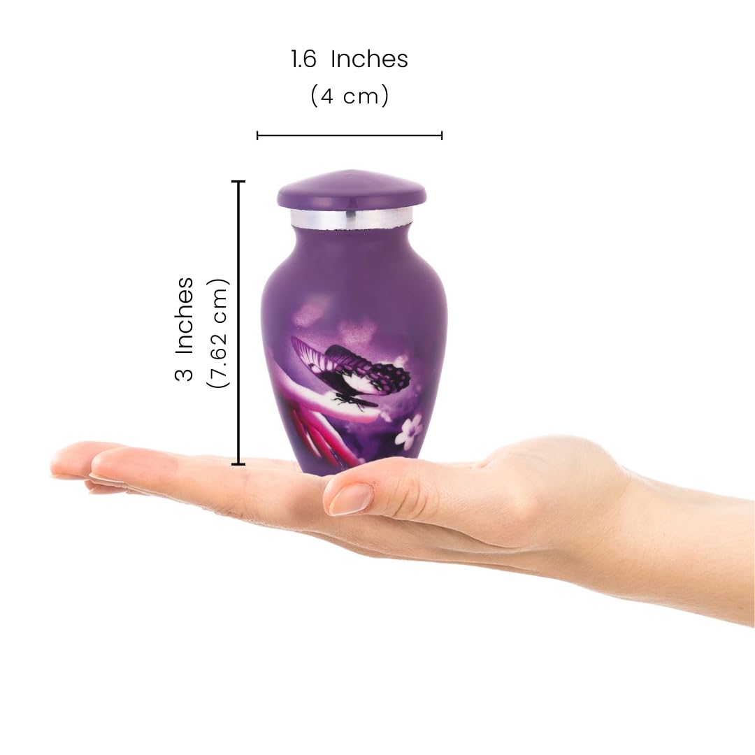 Bless International Hand-Engraved Small Decorative Brass Urn with Lid – 3" Mini Keepsake Urn for Human Ashes, Memorials – Petite Remembrance Vase with Velvet Storage Case & Funnel (Purple Butterfly) - Image 3