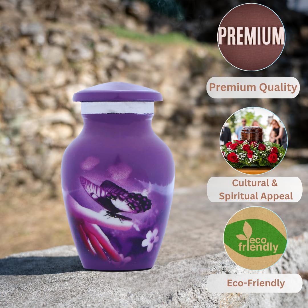 Bless International Hand-Engraved Small Decorative Brass Urn with Lid – 3" Mini Keepsake Urn for Human Ashes, Memorials – Petite Remembrance Vase with Velvet Storage Case & Funnel (Purple Butterfly) - Image 4
