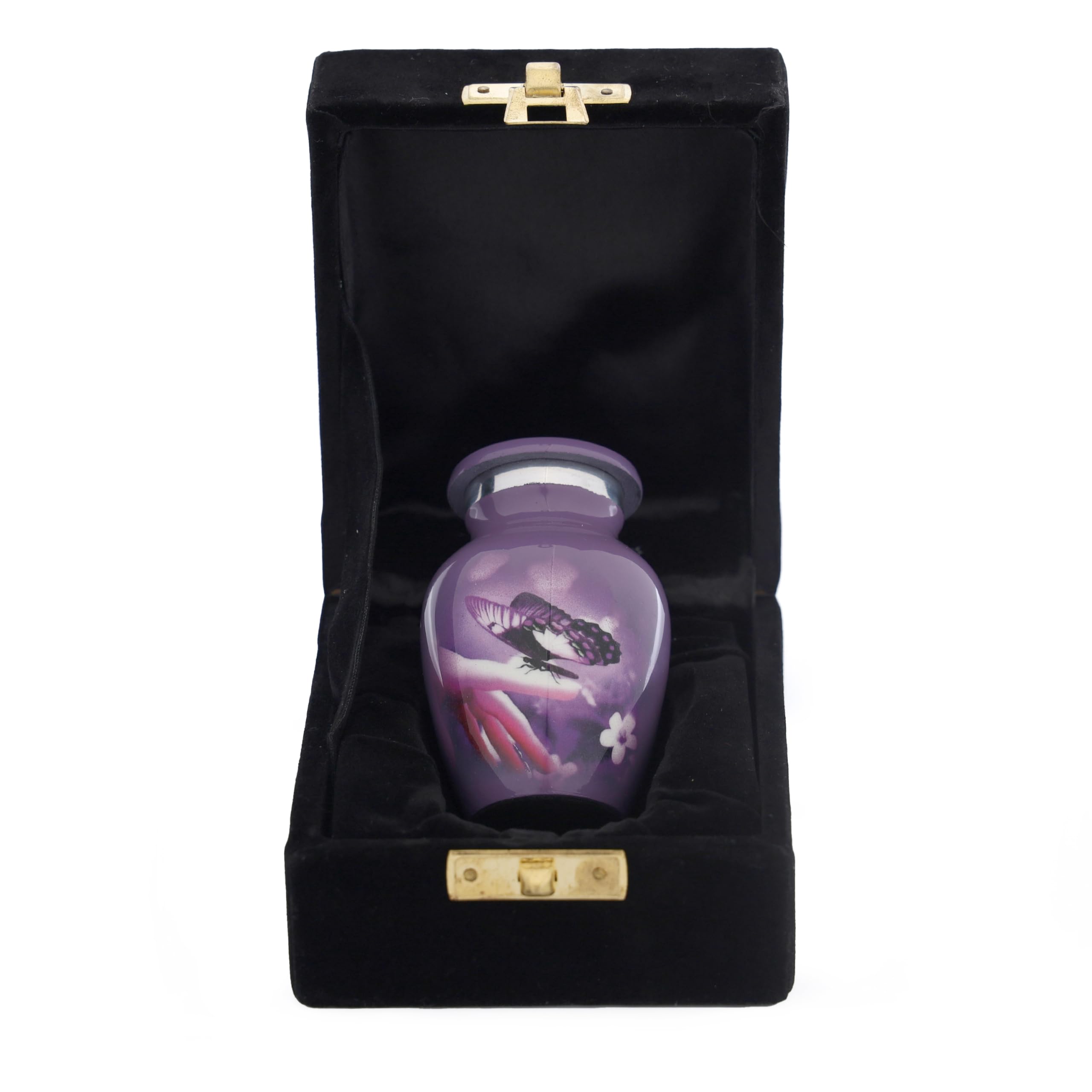 Bless International Hand-Engraved Small Decorative Brass Urn with Lid – 3" Mini Keepsake Urn for Human Ashes, Memorials – Petite Remembrance Vase with Velvet Storage Case & Funnel (Purple Butterfly) - Image 5