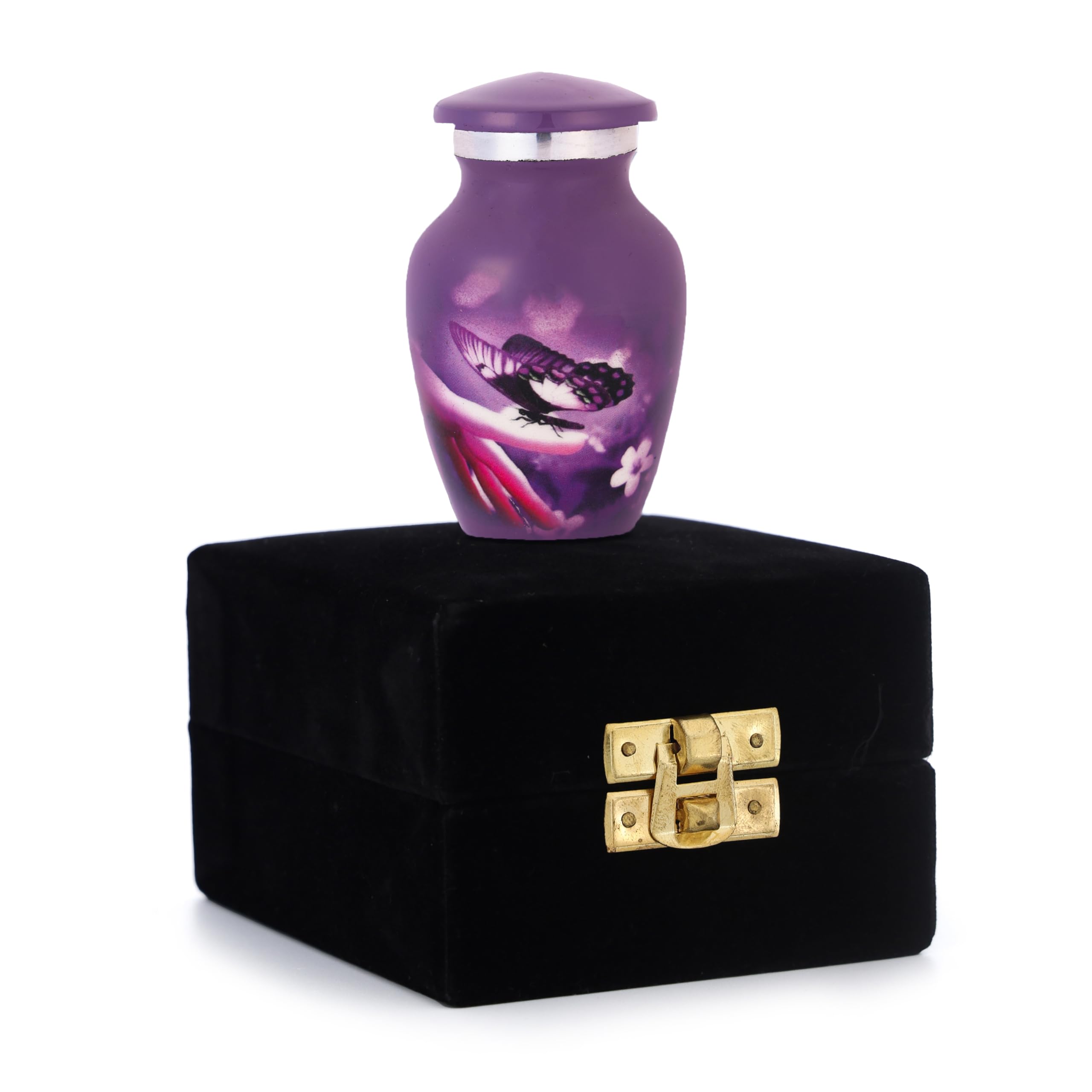 Bless International Hand-Engraved Small Decorative Brass Urn with Lid – 3" Mini Keepsake Urn for Human Ashes, Memorials – Petite Remembrance Vase with Velvet Storage Case & Funnel (Purple Butterfly) - Image 7