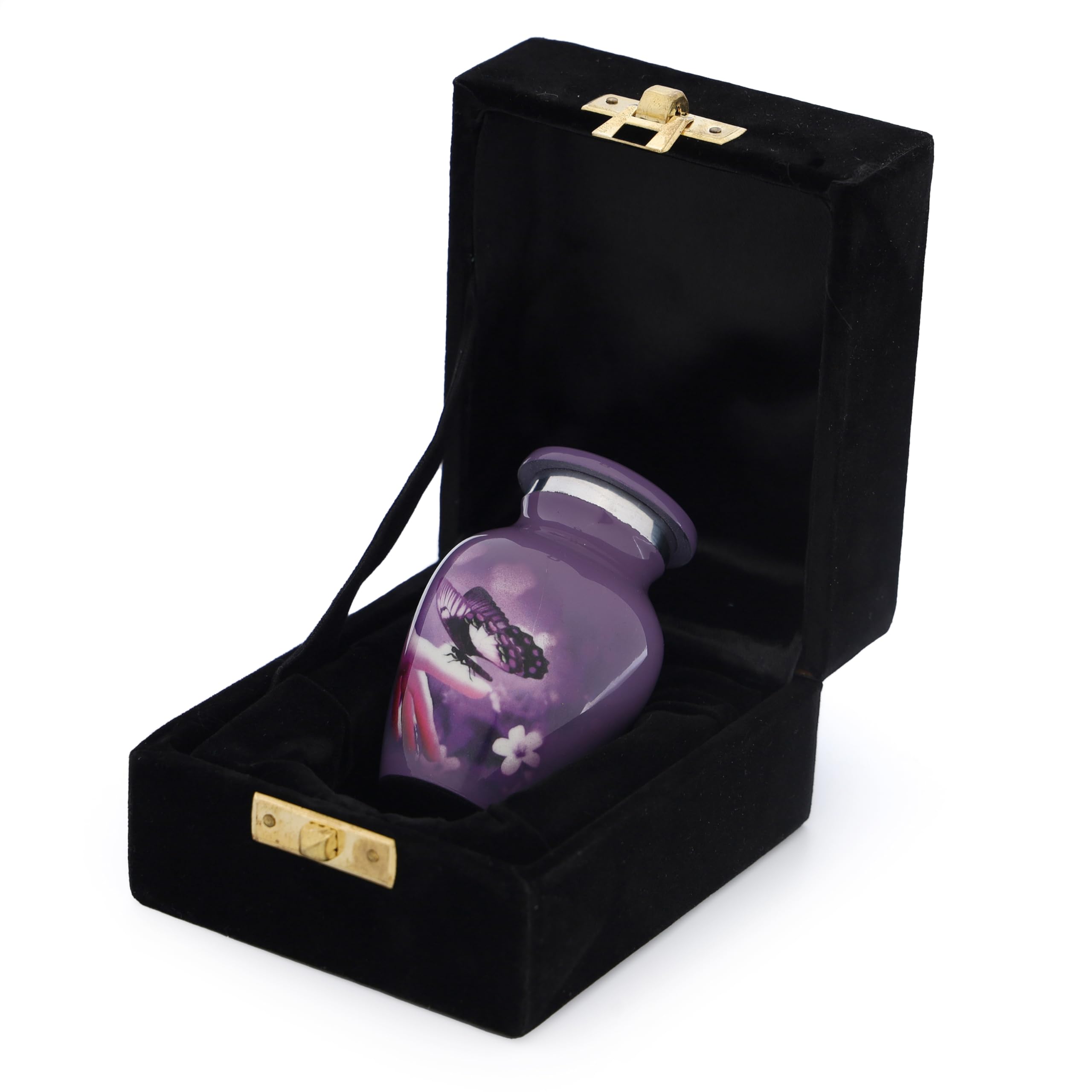 Bless International Hand-Engraved Small Decorative Brass Urn with Lid – 3" Mini Keepsake Urn for Human Ashes, Memorials – Petite Remembrance Vase with Velvet Storage Case & Funnel (Purple Butterfly) - Image 8