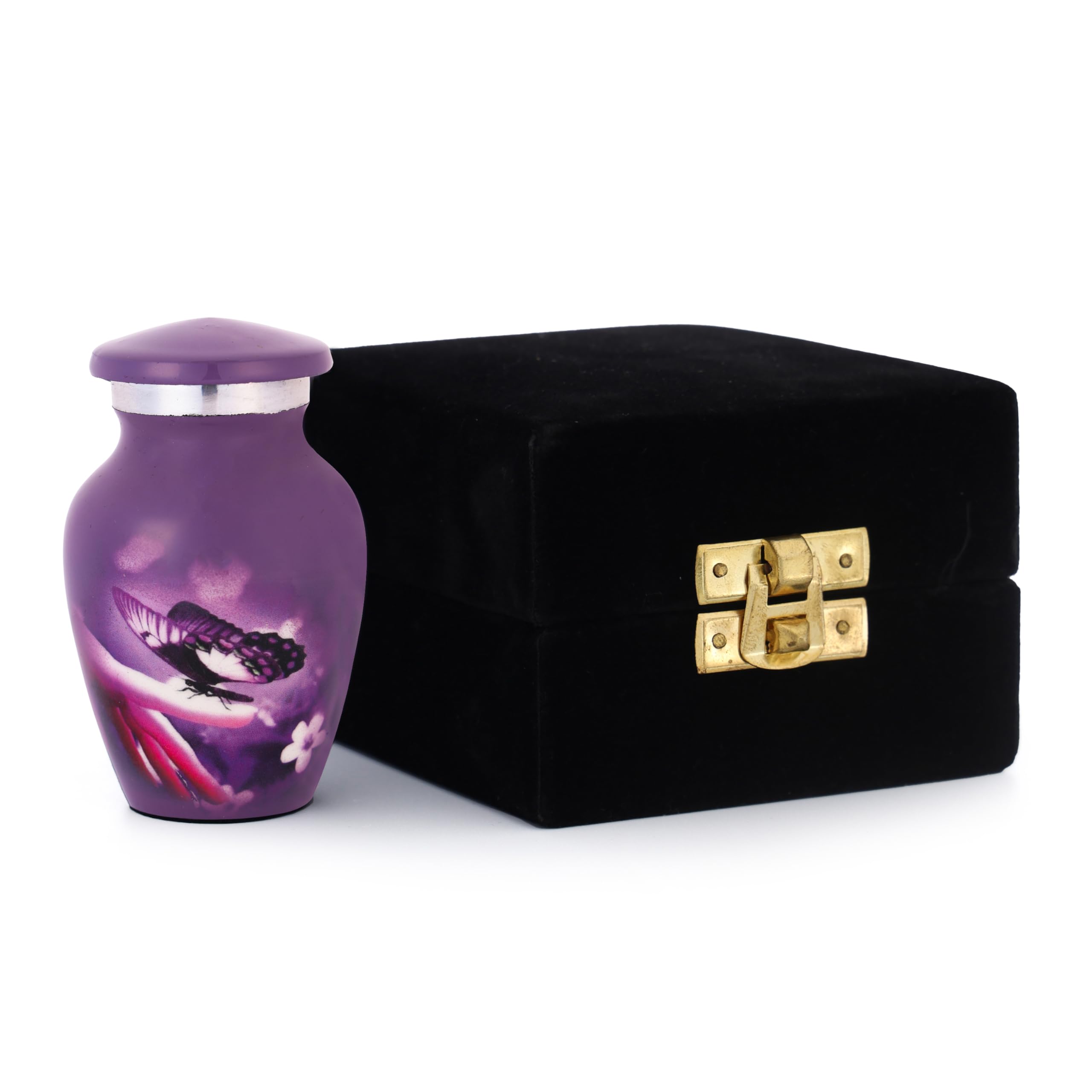 Bless International Hand-Engraved Small Decorative Brass Urn with Lid – 3" Mini Keepsake Urn for Human Ashes, Memorials – Petite Remembrance Vase with Velvet Storage Case & Funnel (Purple Butterfly) - Image 9