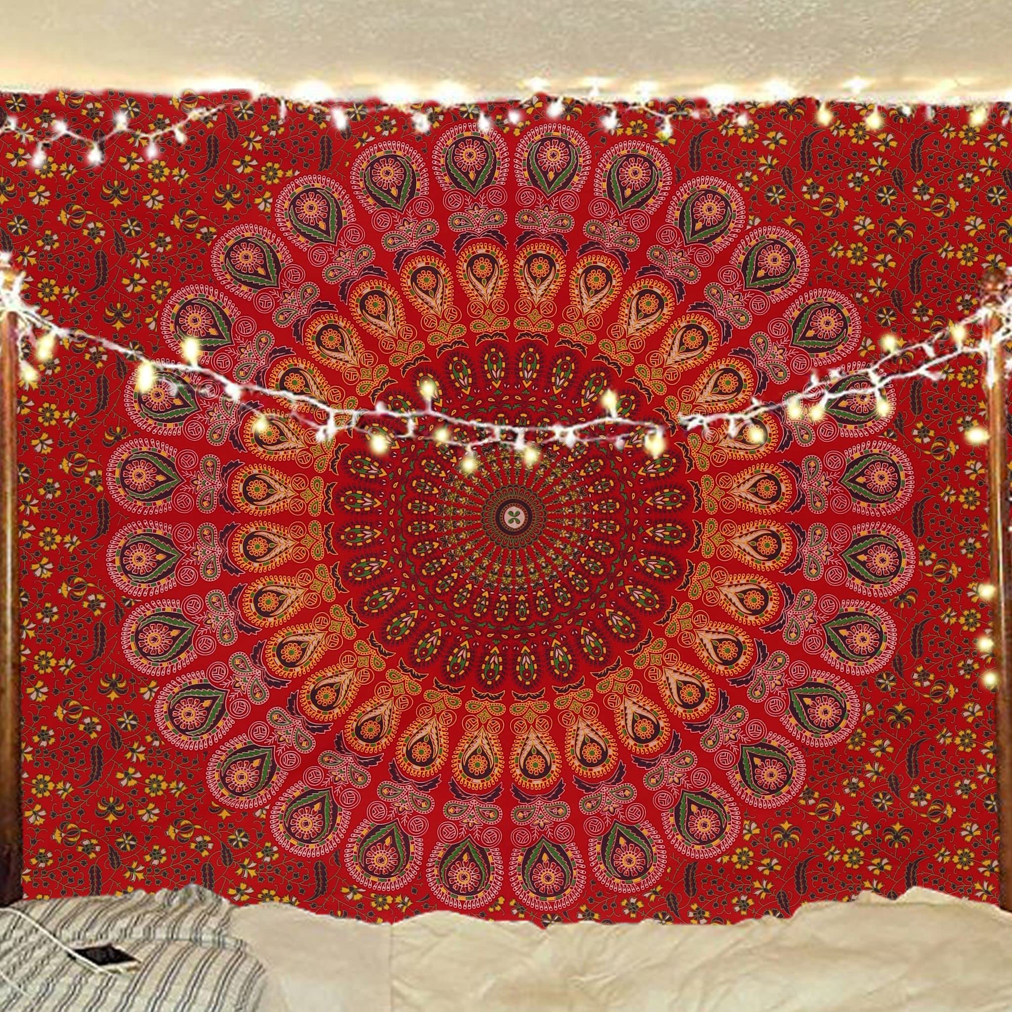 Bless International Handmade Indian hippie Bohemian Psychedelic Peacock Mandala Wall hanging College Dorm Beach Throws Table Cloth Bedding Tapestry (Golden Red, Twin(54x72Inches)(140x185cms)) - Image 5