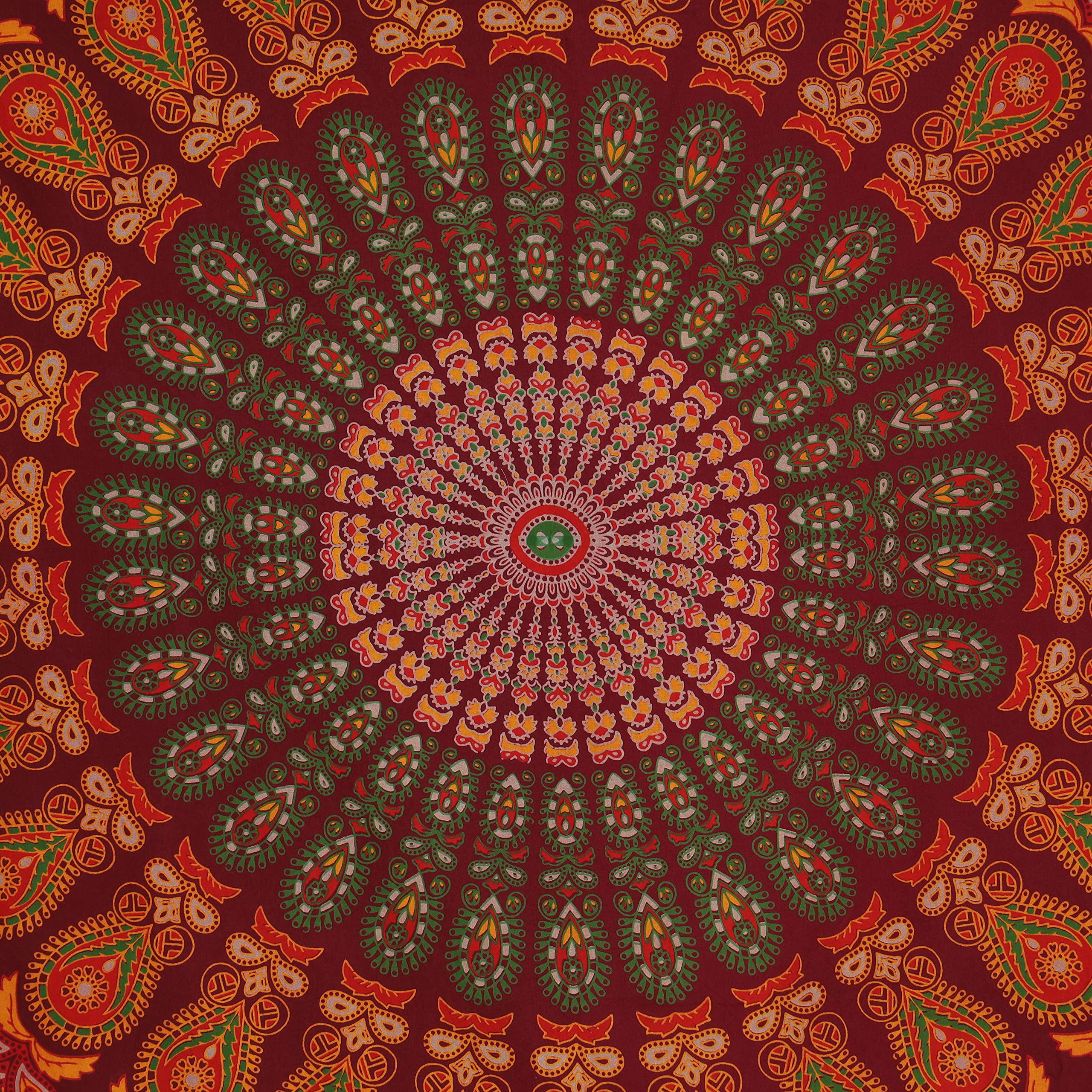 Bless International Handmade Indian hippie Bohemian Psychedelic Peacock Mandala Wall hanging College Dorm Beach Throws Table Cloth Bedding Tapestry (Maroon Yellow, Queen(84x90Inches)(215x230Cms)) - Image 3