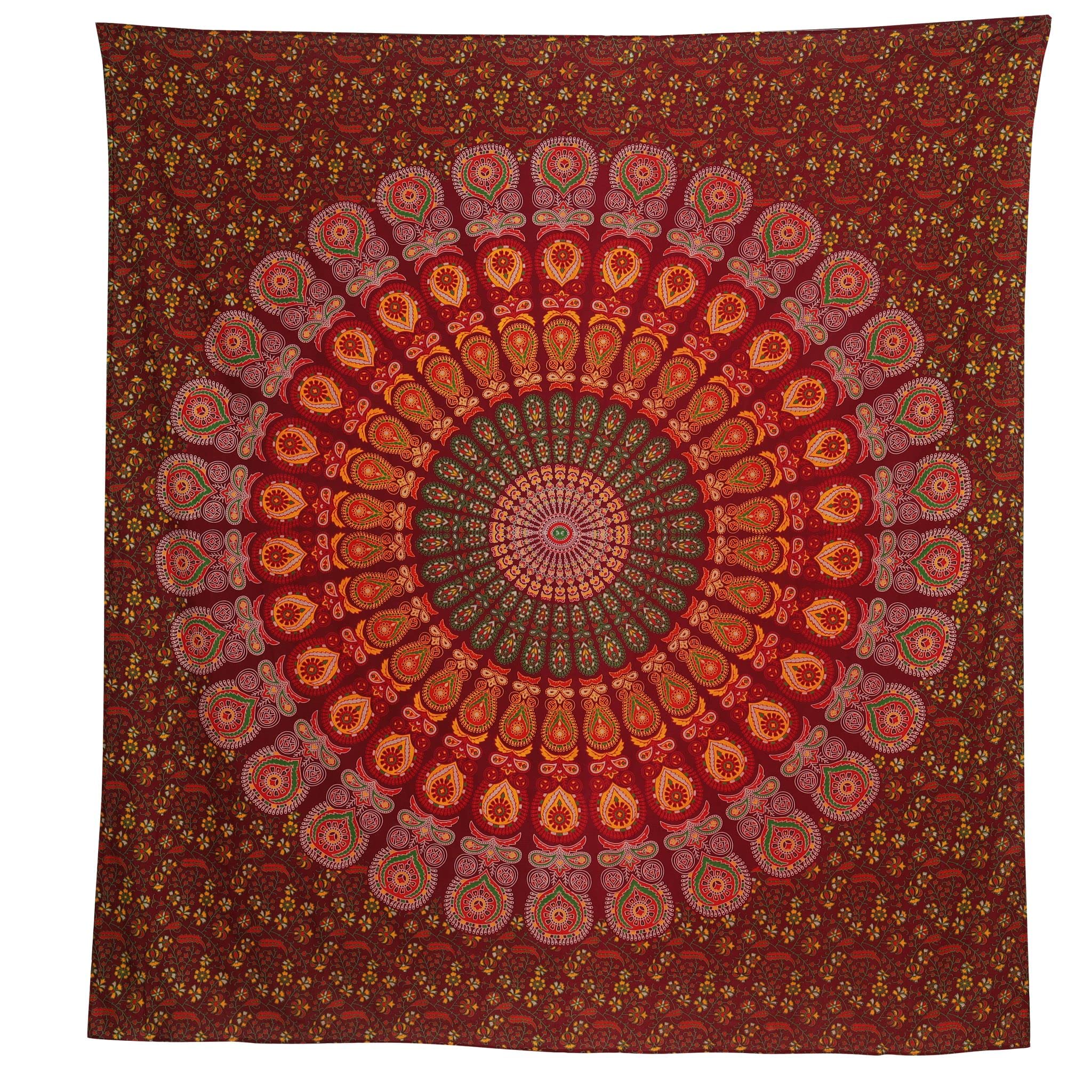 Bless International Handmade Indian hippie Bohemian Psychedelic Peacock Mandala Wall hanging College Dorm Beach Throws Table Cloth Bedding Tapestry (Maroon Yellow, Queen(84x90Inches)(215x230Cms)) - Image 4