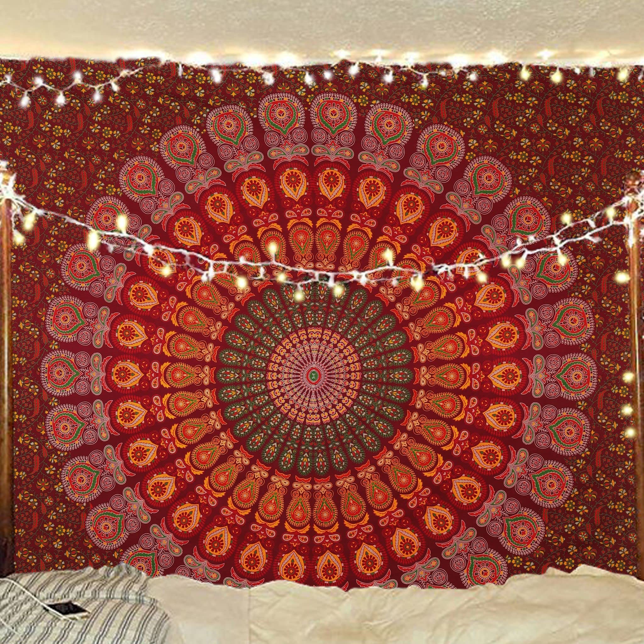 Bless International Handmade Indian hippie Bohemian Psychedelic Peacock Mandala Wall hanging College Dorm Beach Throws Table Cloth Bedding Tapestry (Maroon Yellow, Queen(84x90Inches)(215x230Cms)) - Image 5