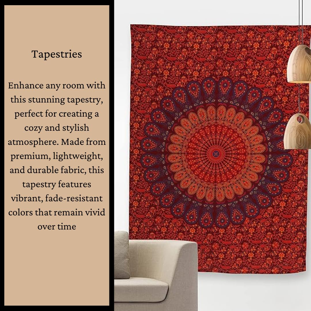 Bless International Handmade Indian hippie Bohemian Psychedelic Peacock Mandala Wall hanging College Dorm Beach Throws Table Cloth Bedding Tapestry (Maroon Yellow, Queen(84x90Inches)(215x230Cms)) - Image 8