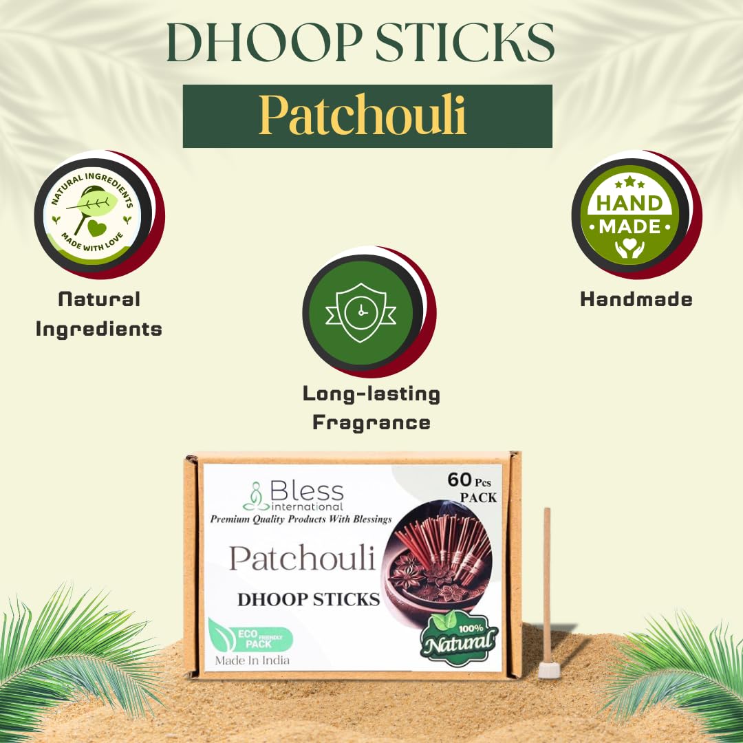 Bless-International Patchouli-100%-Natural-Incense-Bambooless-Dhoop-Sticks Handmade-Organic-Chemicals-Free for-Purification-Relaxation-Positivity-Yoga-Meditation The-Best-scents-4.5-Inches-60-Sticks - Image 4