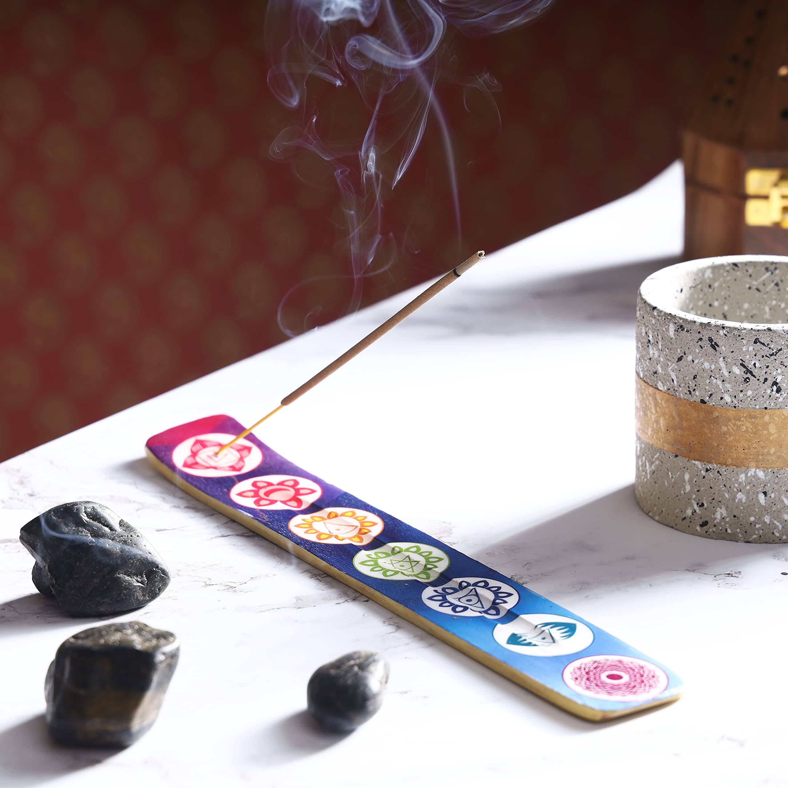 Bless-International Traditional-Handmade-Burner Wooden-Incense-Stick-Holder Ash-Catcher-Stand for-Aromatherapy-Meditation-Yoga (Seven Chakkra) 10 Inches, Pack of 1 - Image 3