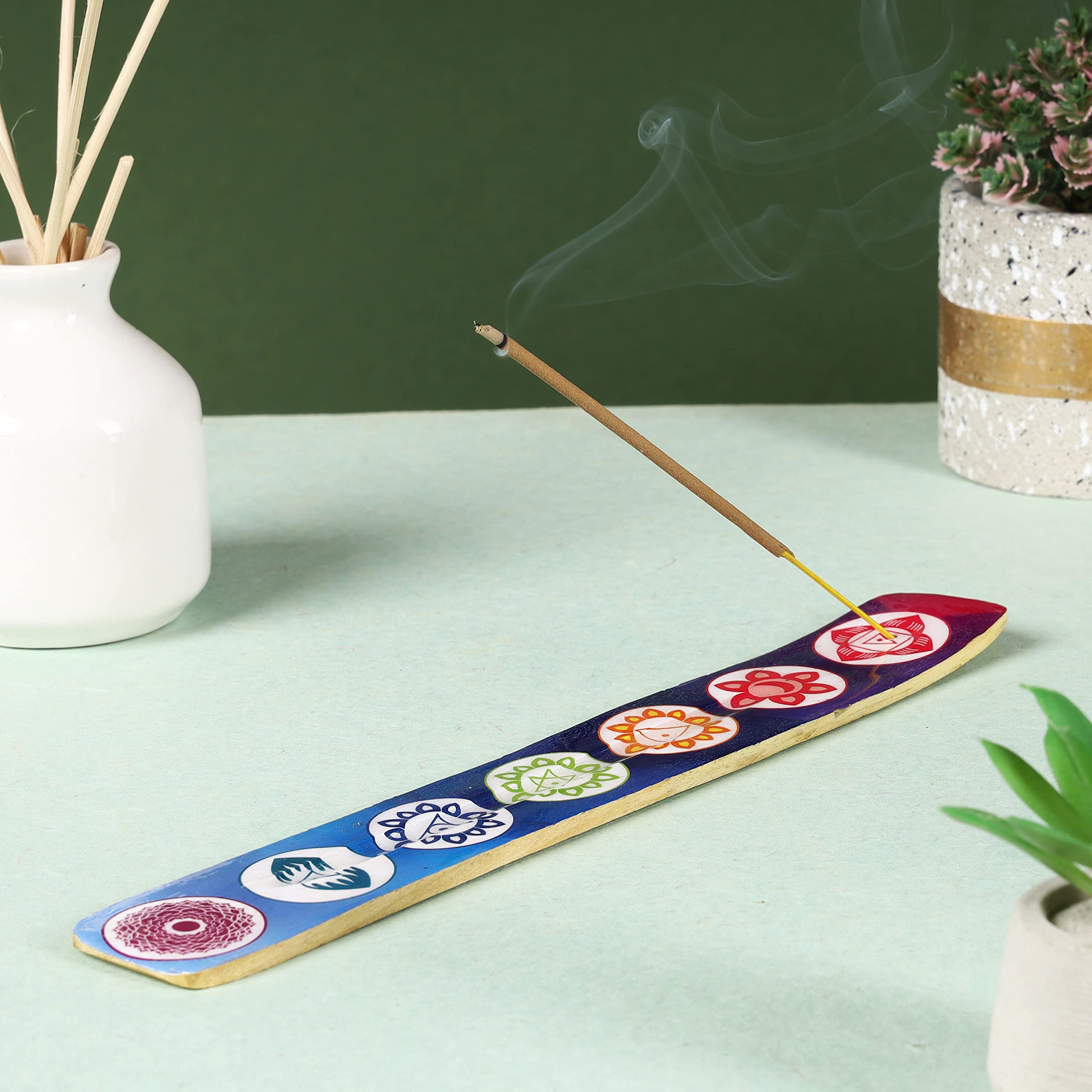 Bless-International Traditional-Handmade-Burner Wooden-Incense-Stick-Holder Ash-Catcher-Stand for-Aromatherapy-Meditation-Yoga (Seven Chakkra) 10 Inches, Pack of 1 - Image 8
