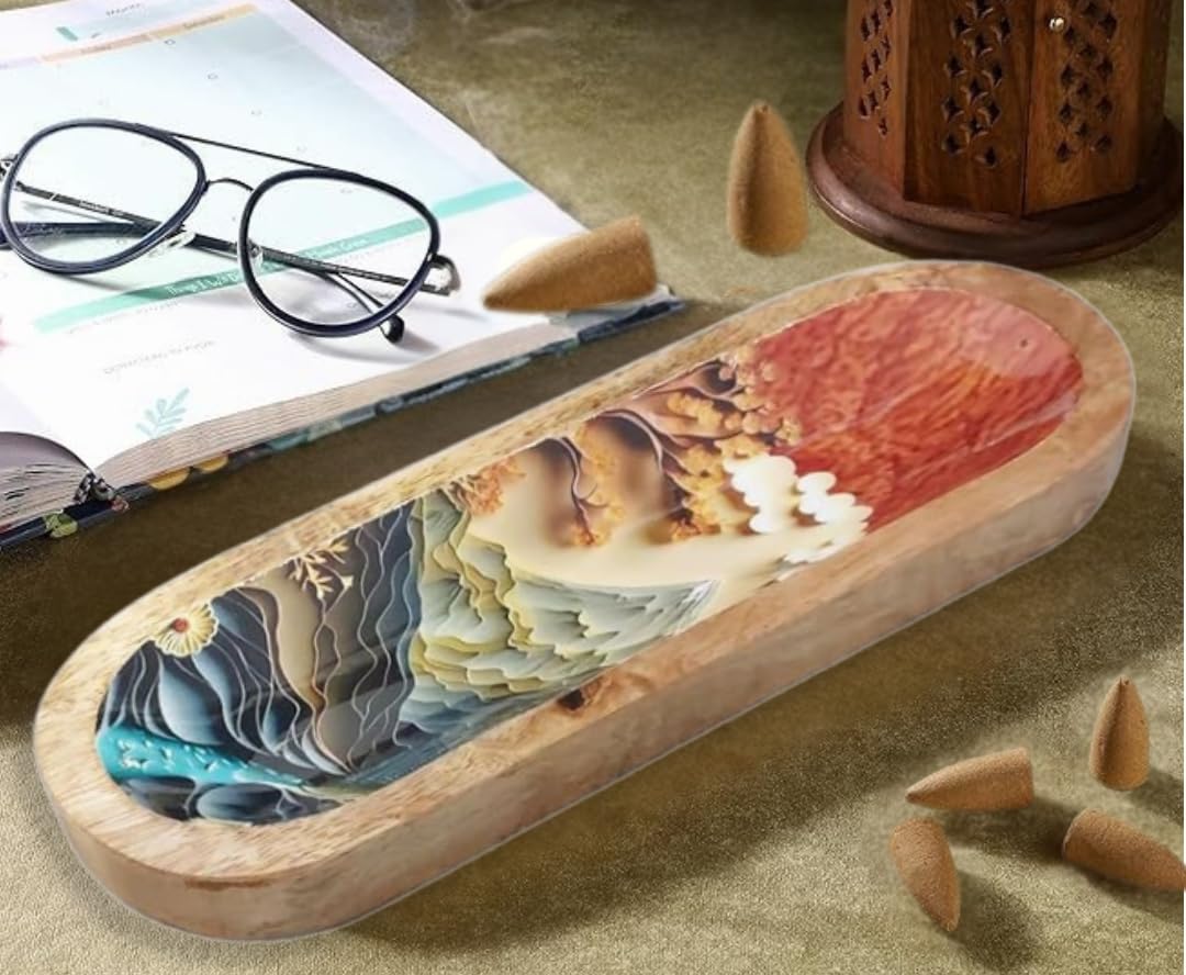 Bless-International Traditional-Handmade-Tray-Burner Wooden-Trat-Incense-Stick-Holder Ash-Catcher-Stand for-Aromatherapy-Meditation-Yoga (Beautiful Mountains, 11x4x1.22 Inches) - Image 3