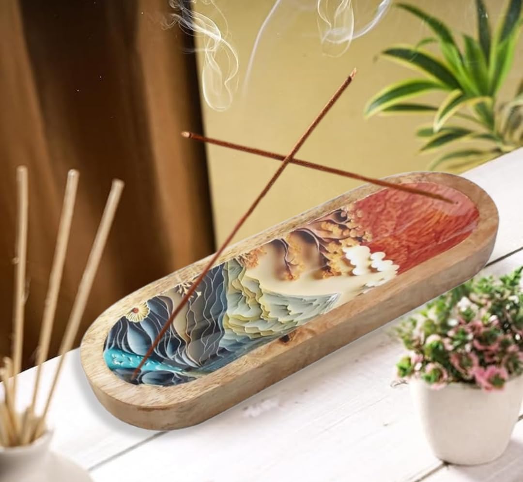 Bless-International Traditional-Handmade-Tray-Burner Wooden-Trat-Incense-Stick-Holder Ash-Catcher-Stand for-Aromatherapy-Meditation-Yoga (Beautiful Mountains, 11x4x1.22 Inches) - Image 4