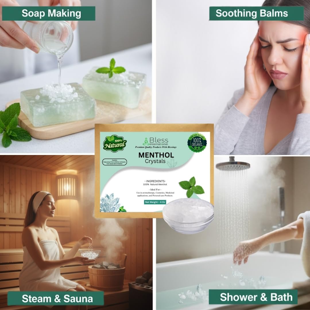Menthol-Crystals-4-Oz Mentha-Arvensis-Mint Pure-Organic-100%-Natural-By-Bless-International Cosmetics-Salves-Balms-Creams-and-Soap-Making-DIY Resealable-Standup-Bag-for-Long-Lasting-Freshness - Image 5